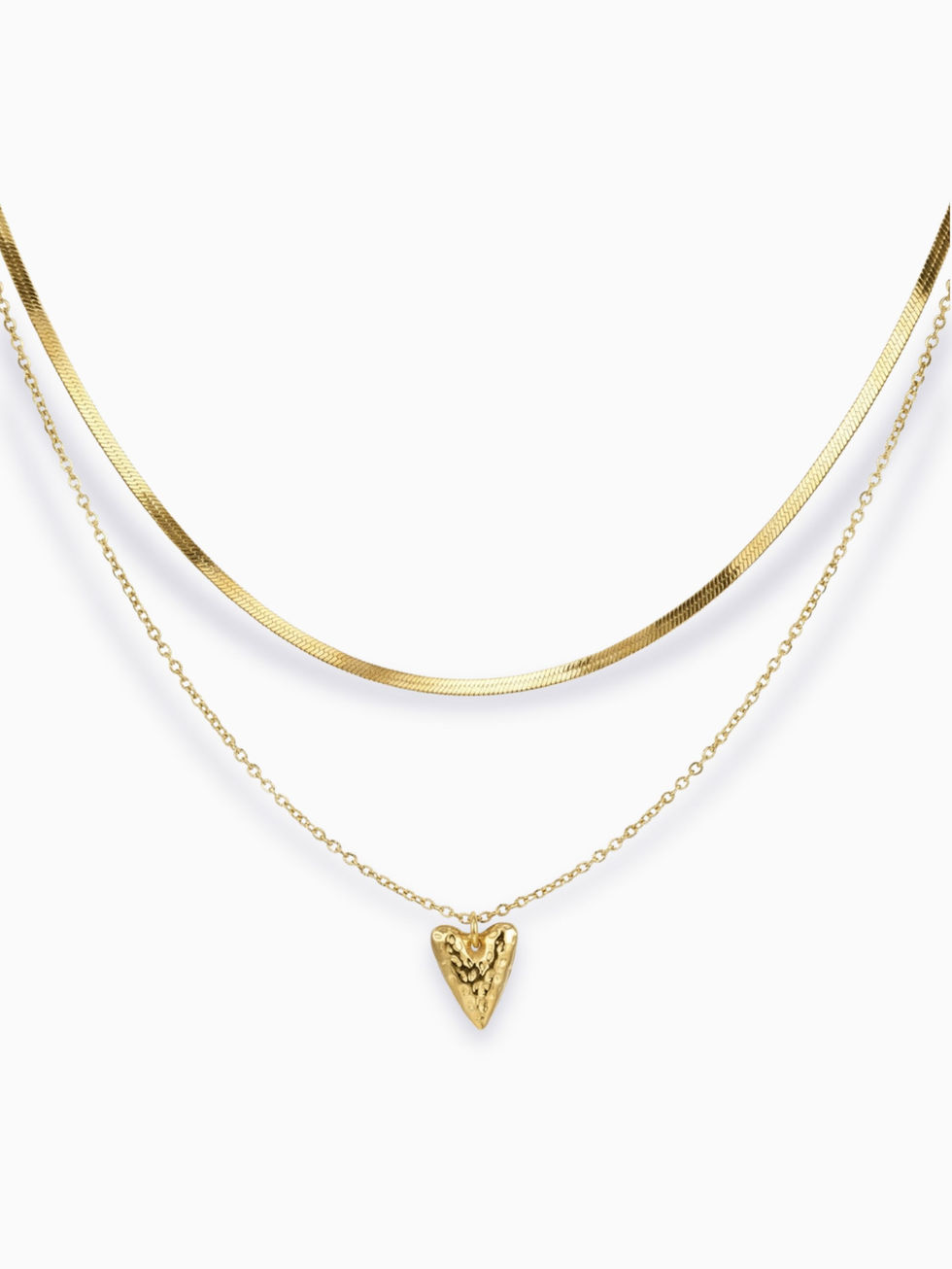 Goldene Bella 2-in-1 Halskette mit Schlangenkette und strukturiertem Herz-Anhänger auf weißem Grund.