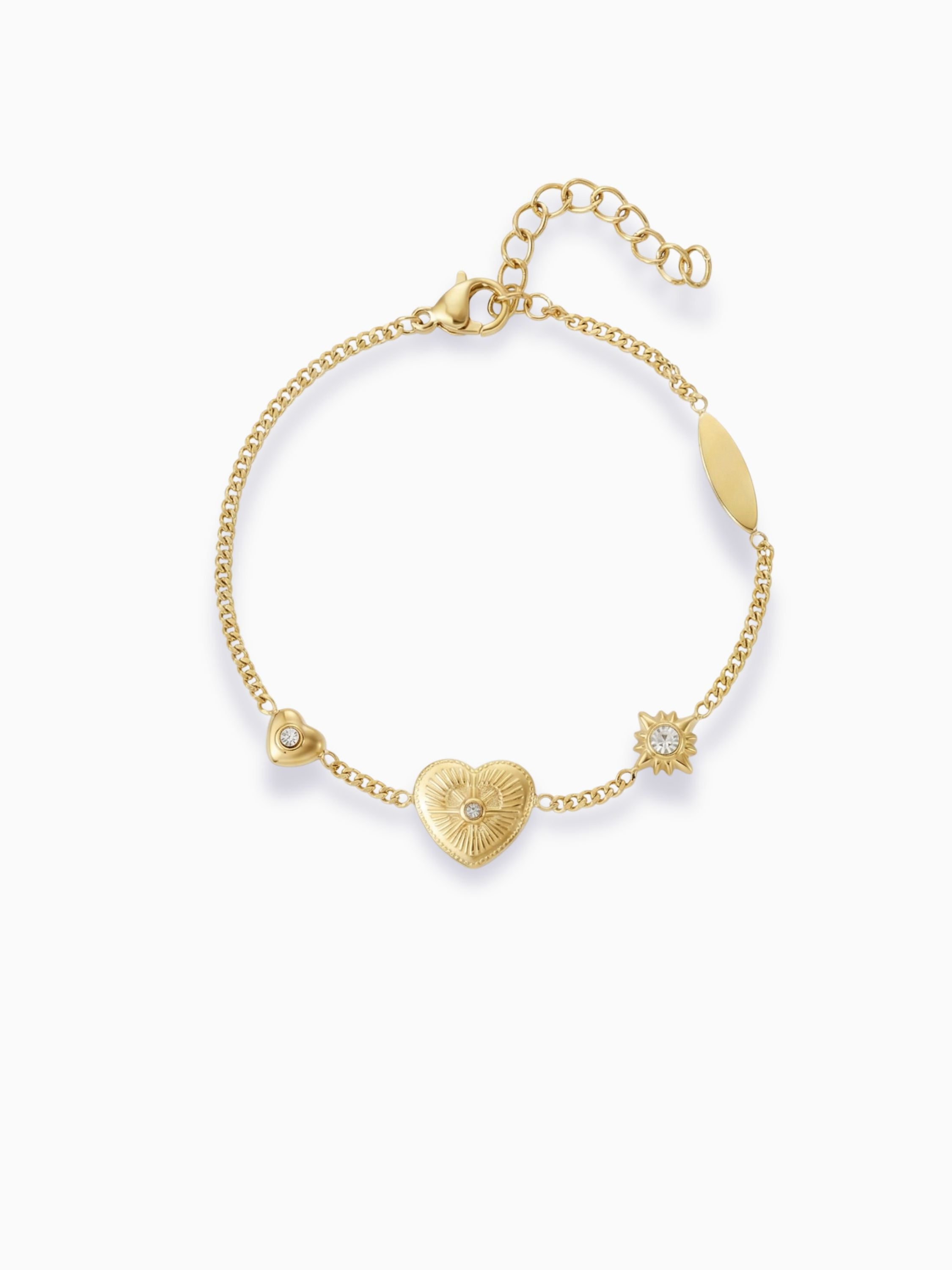 Goldenes Daria Armband aus Edelstahl mit Herz- und Sonnen-Anhängern sowie Strass-Details auf weißem Hintergrund.
