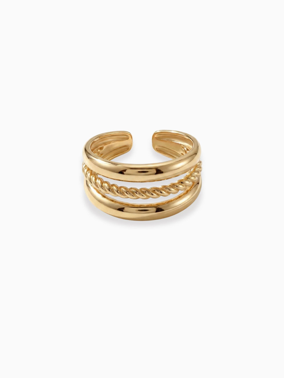Sabibel Nera Ring Gold: Dreireihiger verstellbarer Edelstahl-Ring mit Kordel-Detail auf weißem Grund.