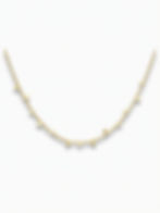 Goldene Halskette mit kleinen Blumenanhängern auf weißem Hintergrund. Stilvoll und elegant, vermittelt einen luxuriösen Eindruck.