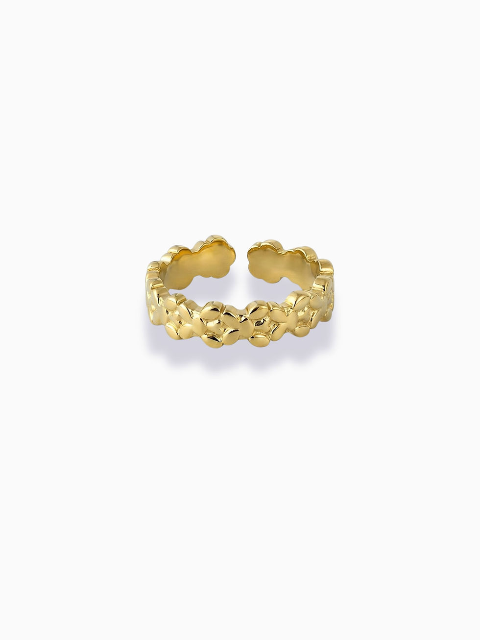 Goldener Flor Ring aus Edelstahl mit floralem Muster und 14K PVD-Vergoldung auf weißem Hintergrund.