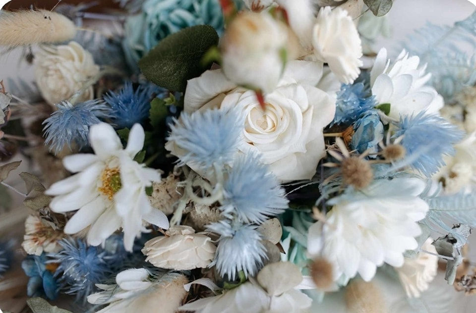 silk floral arrangement in blues and pastels