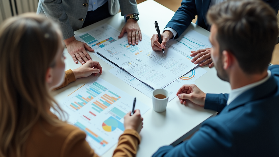 high angle view of business team discussing workflow charts