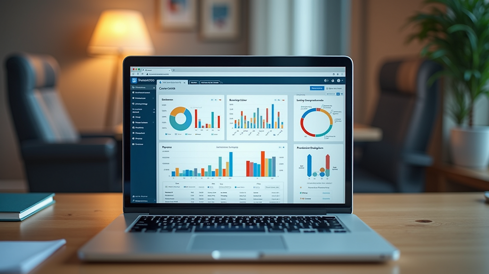 Eye-level view of a modern office desk with a laptop displaying a colourful business dashboard