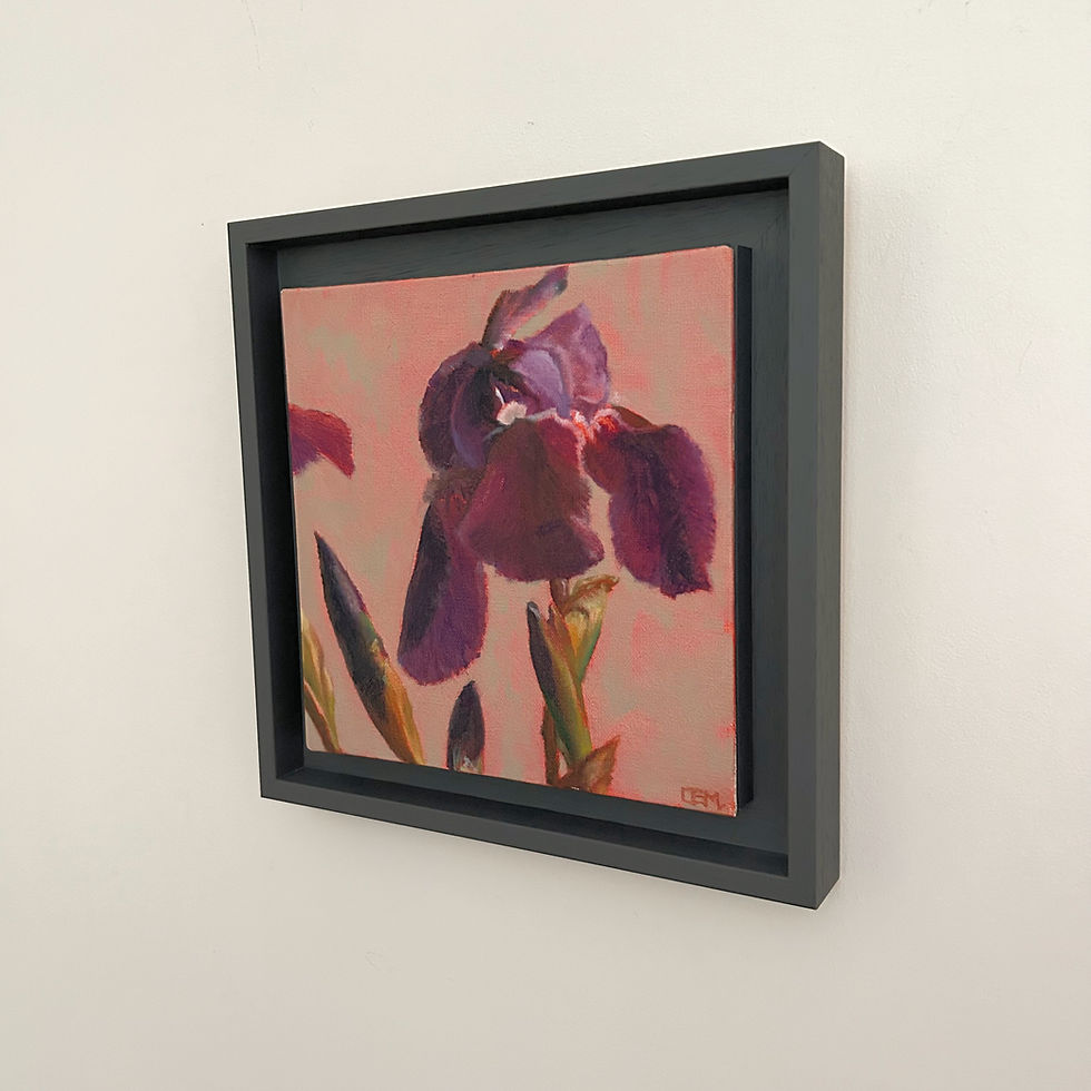 Thumbnail: Colourful framed still life oil painting on canvas board with vibrant floral elements. Bearded irises.