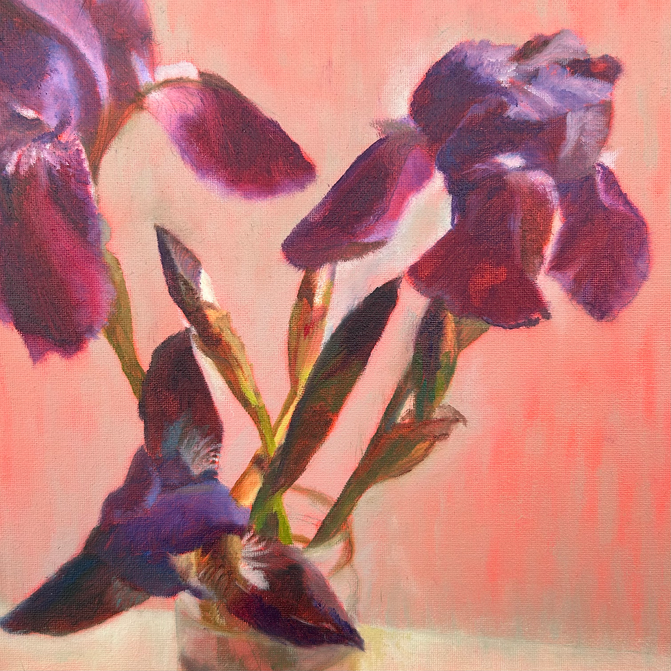 Thumbnail: Colourful framed still life oil painting on canvas board with vibrant floral elements. Bearded irises.
