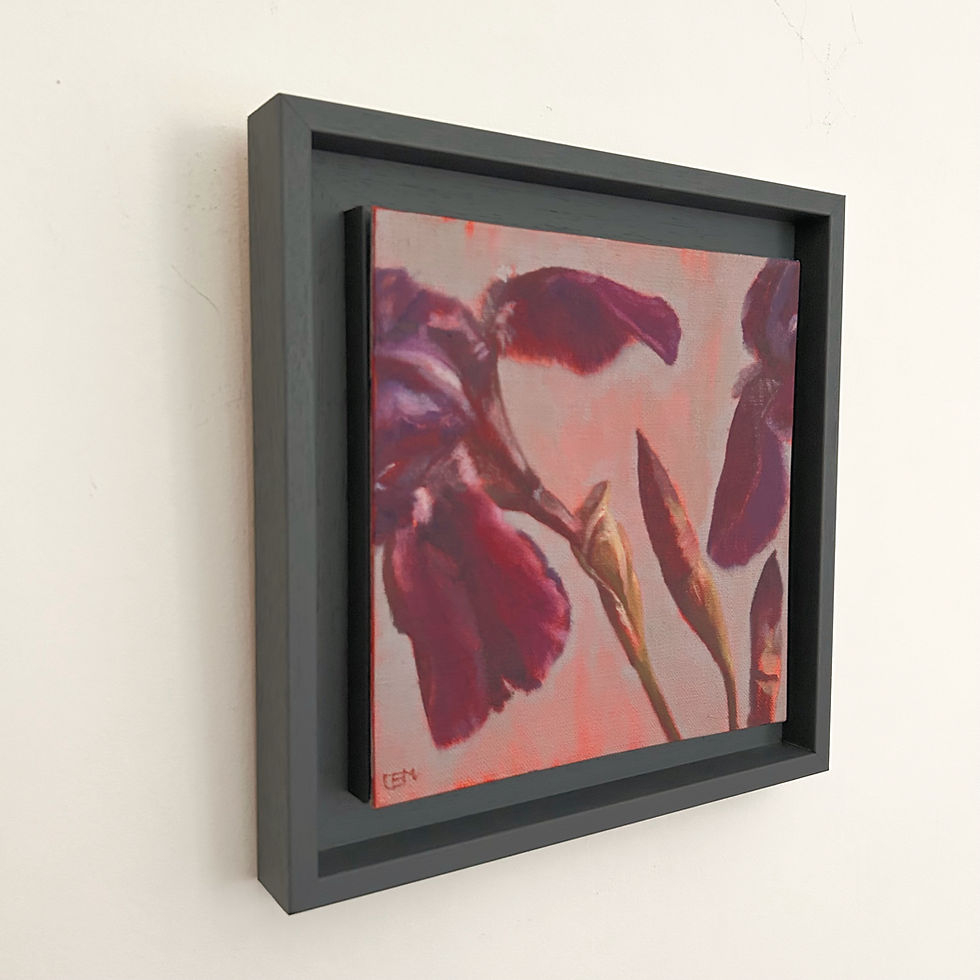 Thumbnail: Colourful framed still life oil painting on canvas board with vibrant floral elements. Bearded irises.