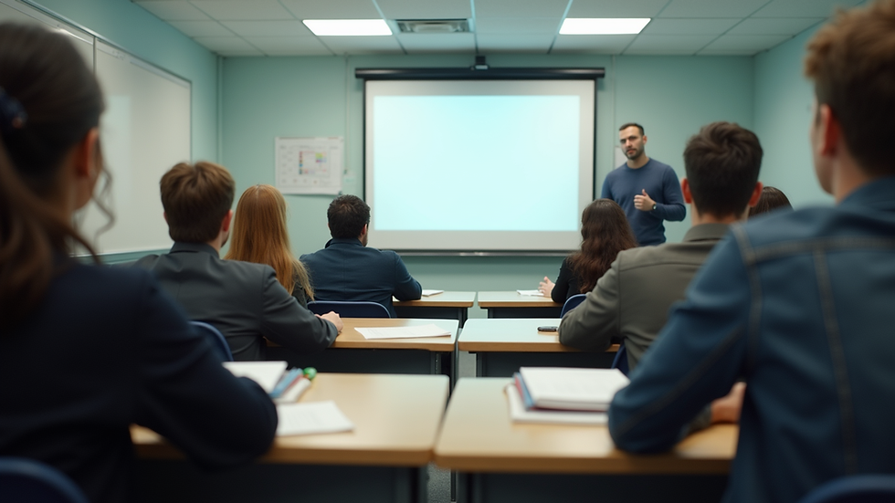 Eye-level view of a classroom with students engaged in discussion
