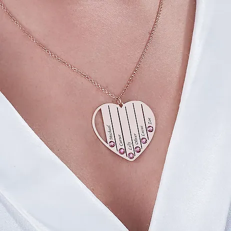 Birthstone Heart Necklace with Engraved Names