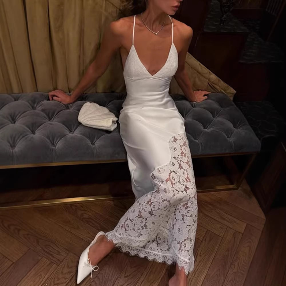 French-Style Elegant Lace Patchwork V-Neck Backless Tie-Up Evening Dress