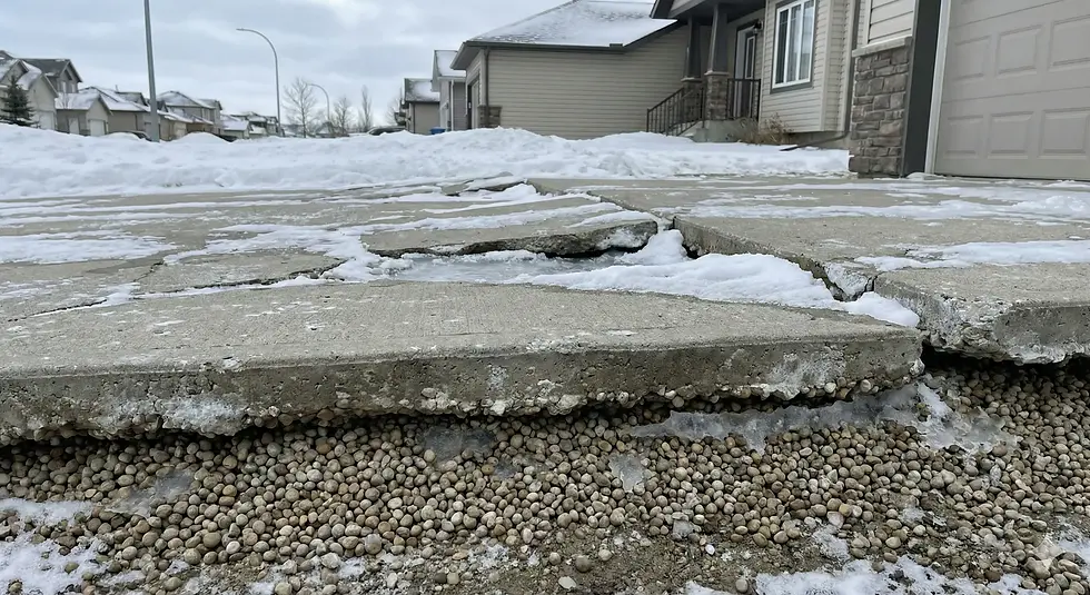 Cracked concrete sidewalk with exposed gravel and snow in a suburban neighborhood. Houses line the snowy street in the background.