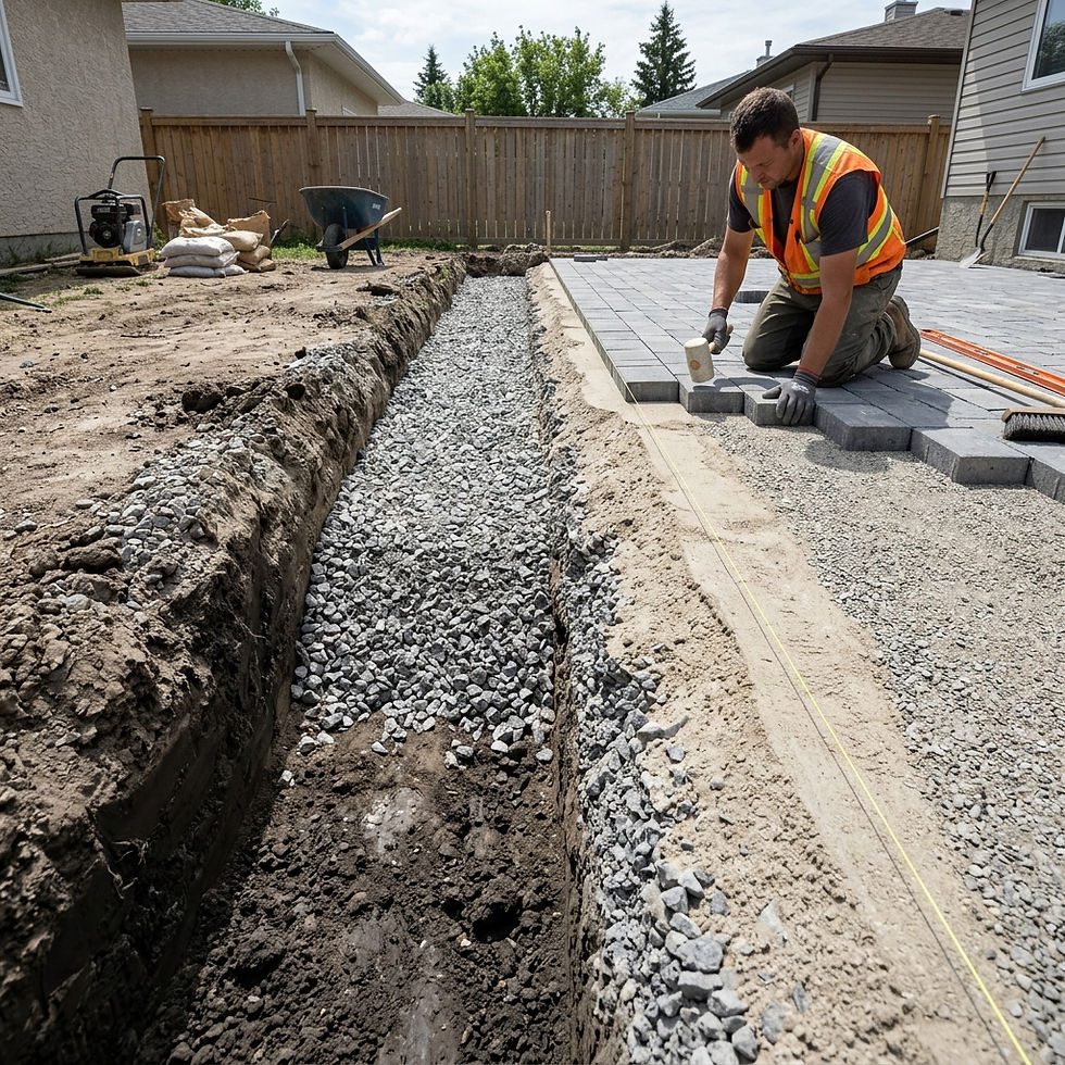 Patio base materials Winnipeg three-layer cross-section showing crusher run limestone and bedding sand