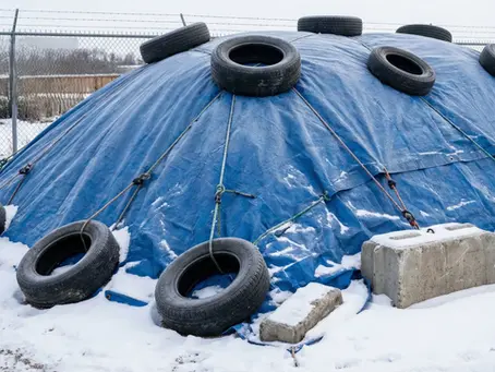 Landscape materials properly stored under blue tarps during Winnipeg winter with snow around organized piles