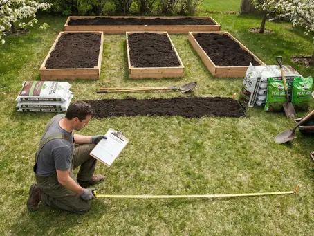 Landscaper using calculator and measuring tape to determine topsoil quantities for Winnipeg garden project