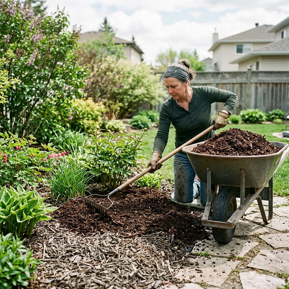 When to refresh mulch Winnipeg spring application of fresh cedar mulch over existing faded layer in garden bed