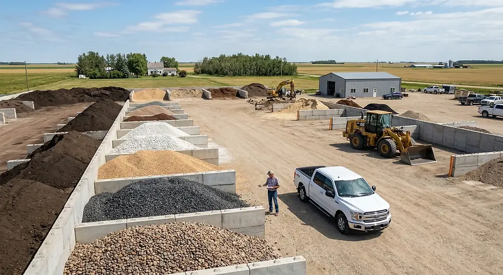 Landscape supply store in Winnipeg showing bulk topsoil, gravel, and decorative stone available for pickup and deliver