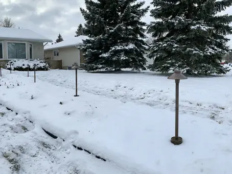 Landscape path lights standing straight in snowy Winnipeg ground, demonstrating proper base installation to prevent frost heave.