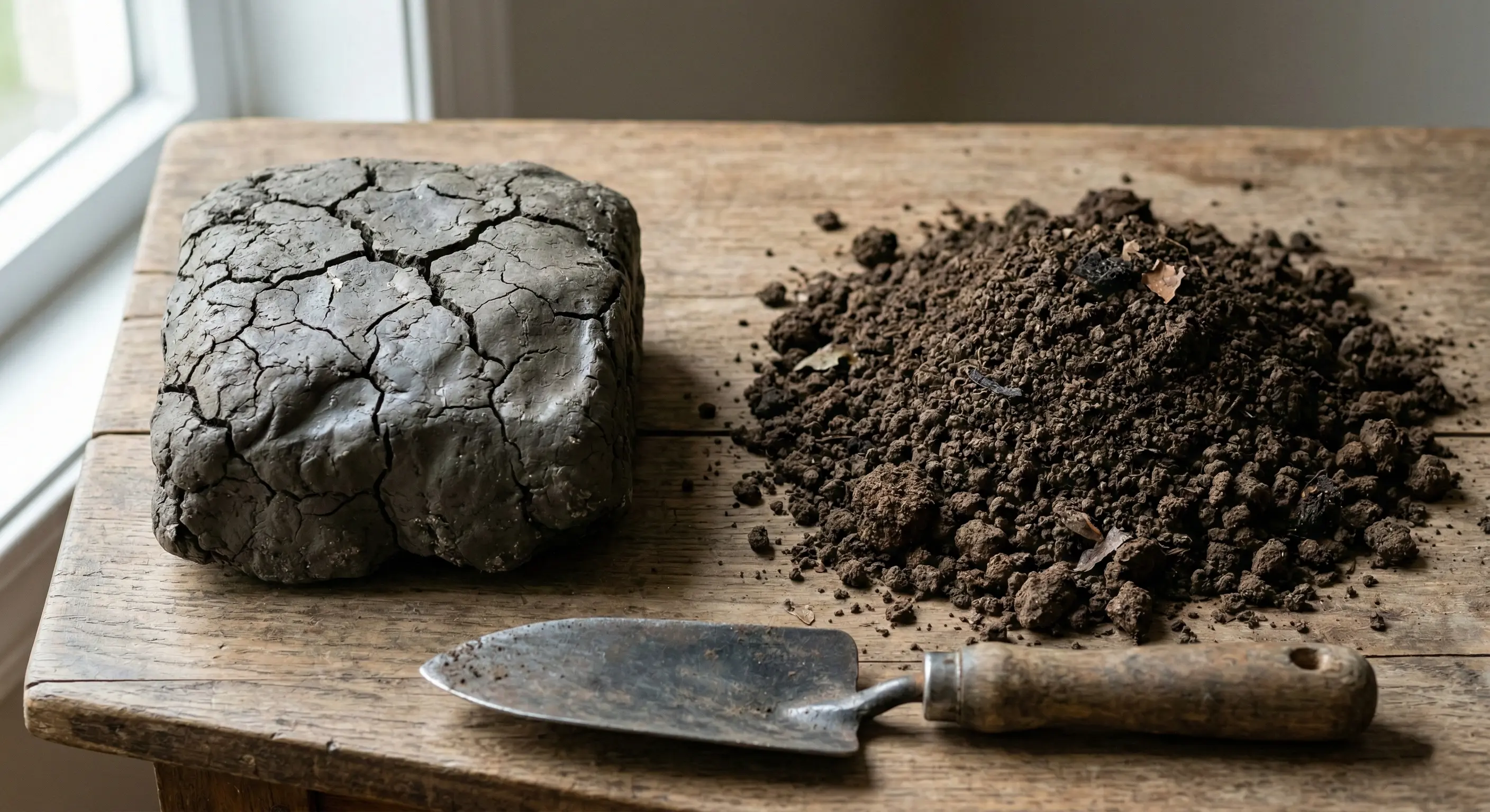 Winnipeg clay soil compared to healthy loam showing why core aeration is essential for Manitoba lawns