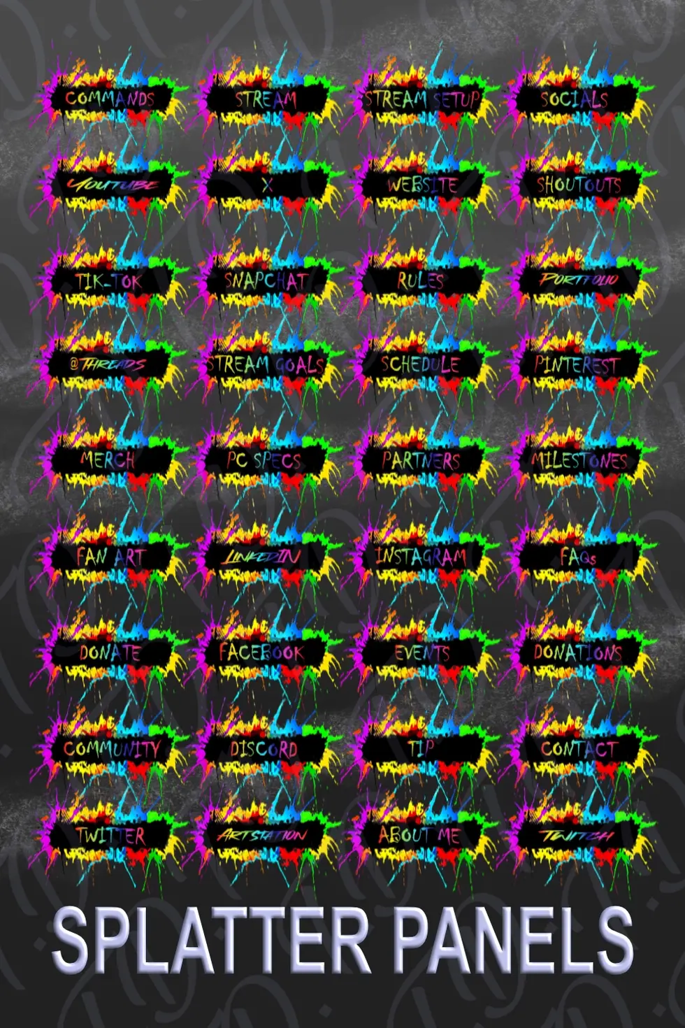 Splatter Twitch Panels by Tommy Designs with Watermark for gaming and streeamers