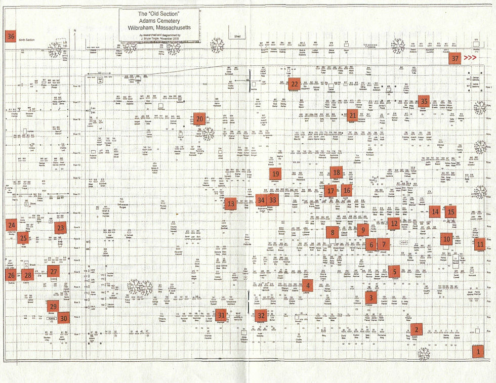 The format of these stone descriptions will be as follows: Name, Row Number, Headstone Number, Footstone number (if any), Year of death, and age. Example: Asaph King 1-14-15 (1834-88)