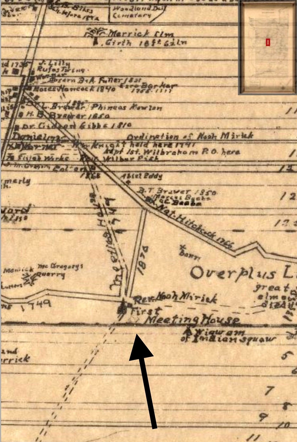 Arrow indicates location of the first Meeting House on Wigwam Hill.