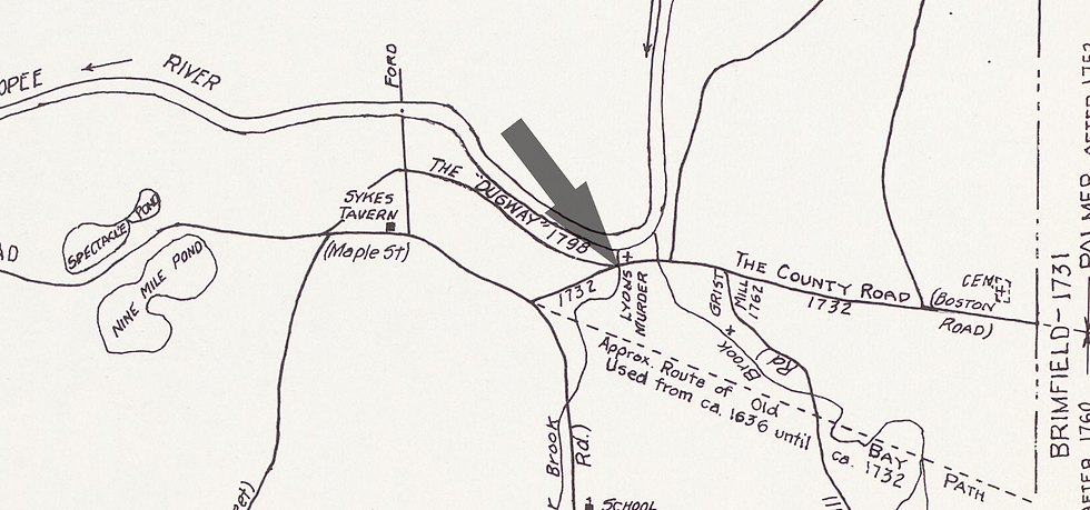 Map of Wilbraham in the 18th century. The arrow indicates the Old Stone Bridge. Wilbraham Library