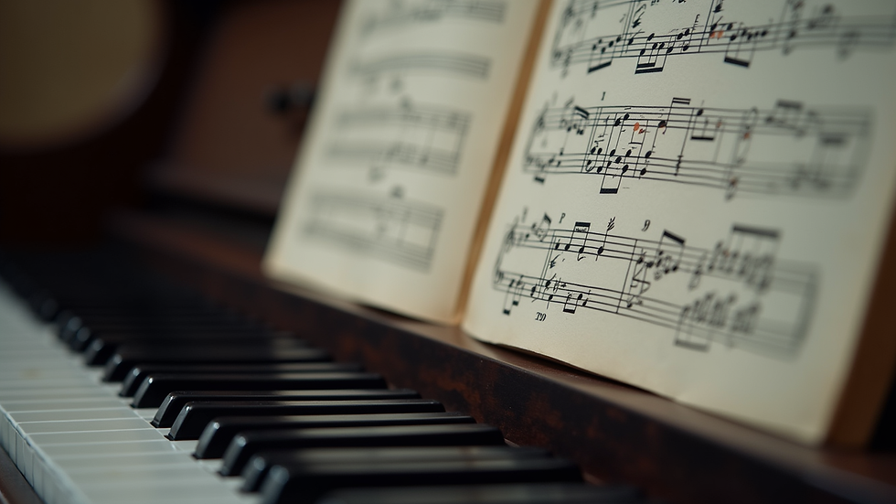 Close-up view of a piano keyboard with sheet music