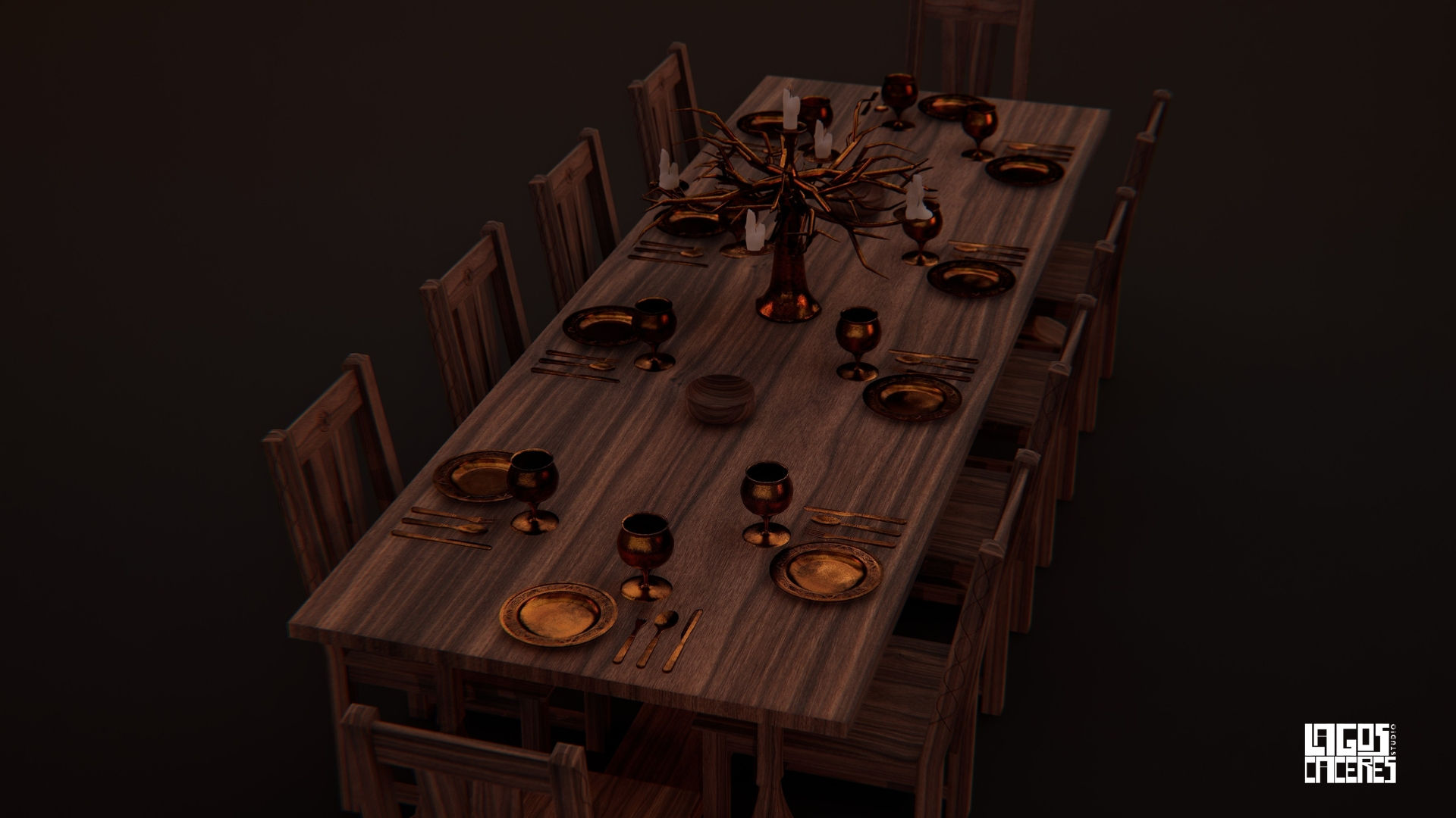 High-angle shot of a long, dark wooden dining table set for a feast with 10 wooden chairs pulled up. The table includes place settings with bronze plates, goblets, and cutlery, centered by a branch-like candelabra.