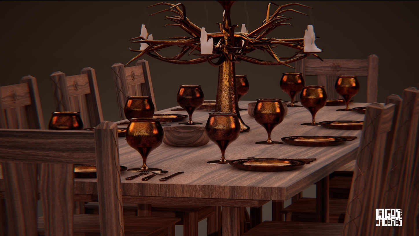 Full view of a long, dark wooden dining table set for a feast. The table is surrounded by wooden chairs and features a branch-like candelabra, and multiple settings with bronze-colored goblets, bowls, and plates.