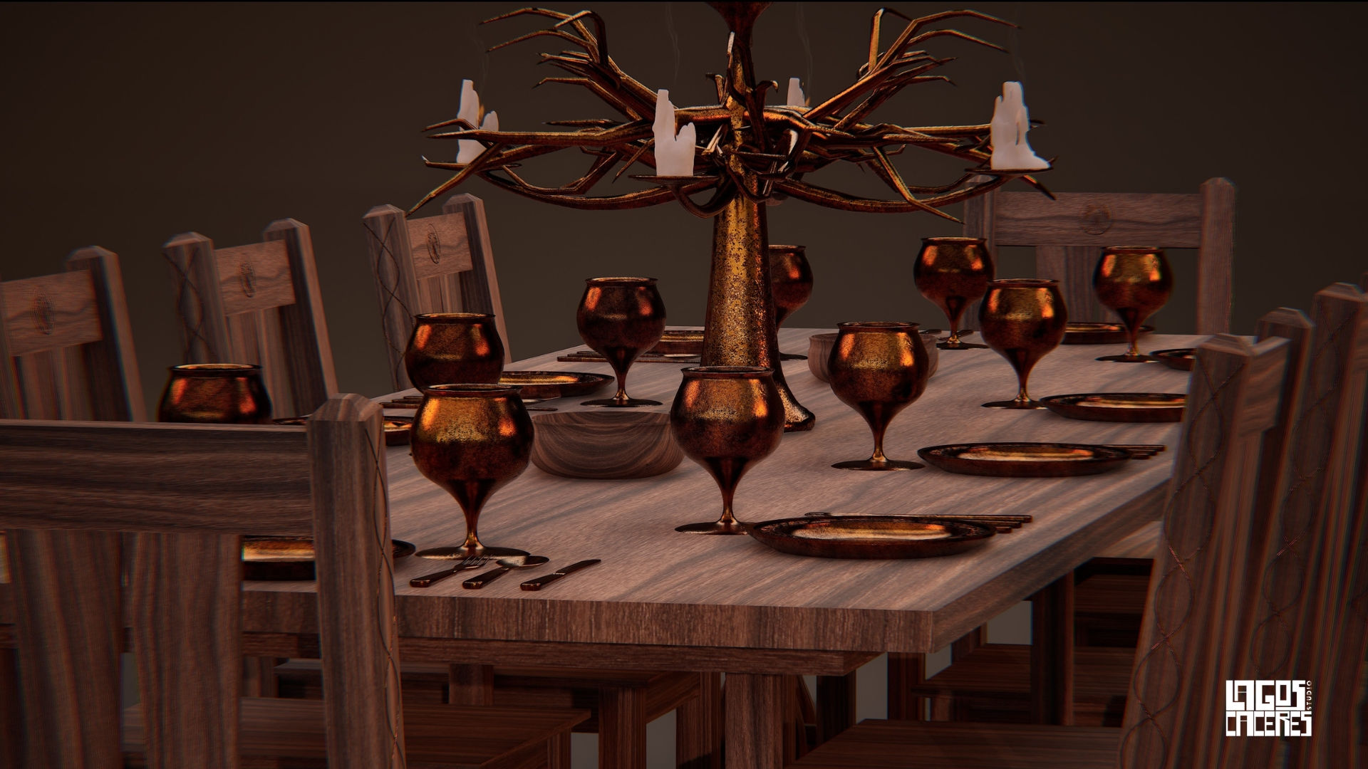 Full view of a long, dark wooden dining table set for a feast. The table is surrounded by wooden chairs and features a branch-like candelabra, and multiple settings with bronze-colored goblets, bowls, and plates.