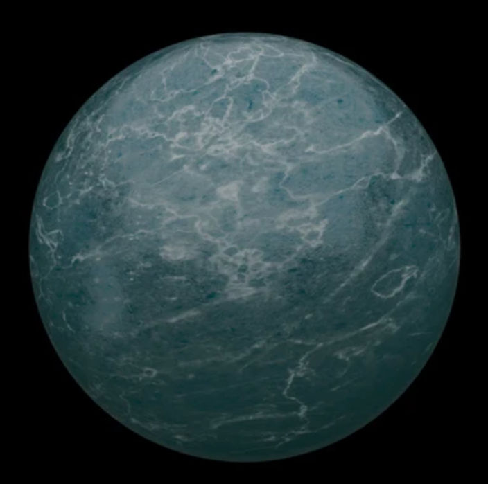 Detailed 3D sphere of a Seamless Blue Quartz PBR material featuring a translucent blue crystalline structure with internal fractures and light refraction.