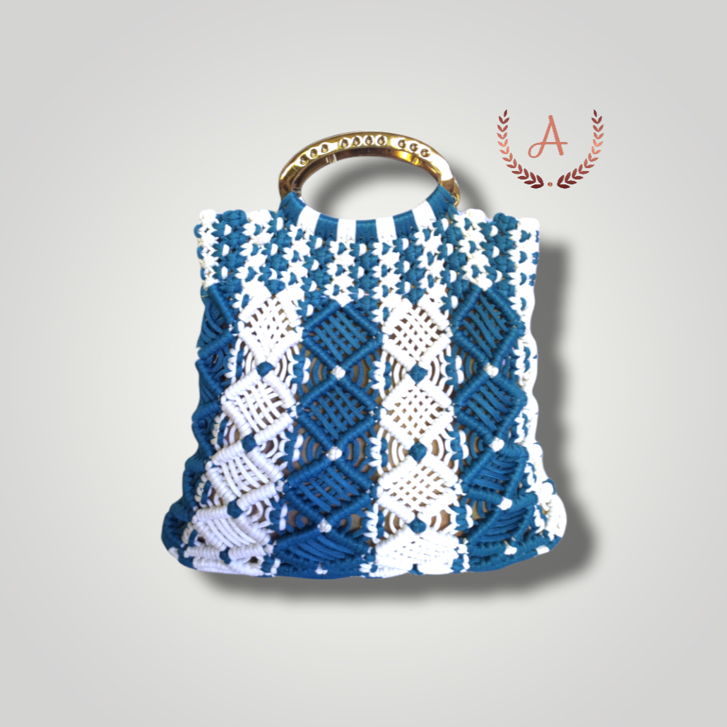 Adyah Women's Handmade Macrame Handbag-Blue White Checked