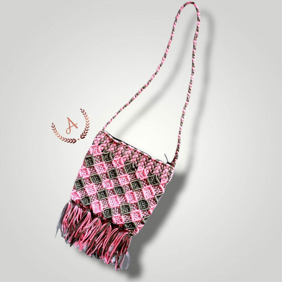 Thumbnail: Adyah Girl's Handmade Macrame Sling Bag- Pink & Grey Checkered