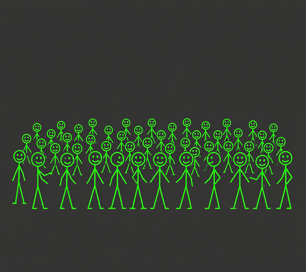 Crowd of green smiling stick figures on a dark background