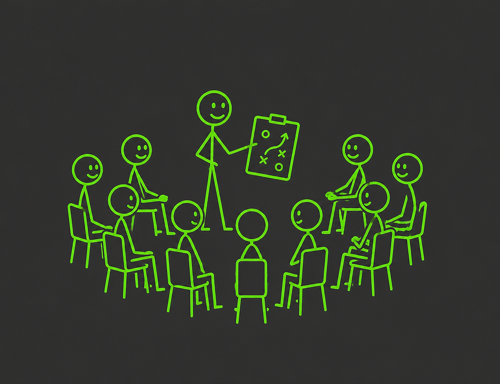 Green stick figures in a circle for team strategy session.