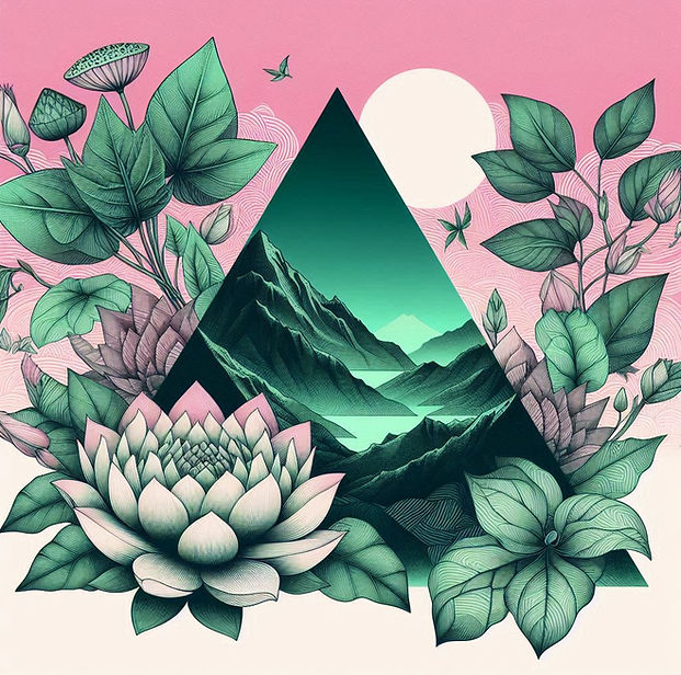 an image with a green gradient triangle, mountain range, and a detailed lotus flower with