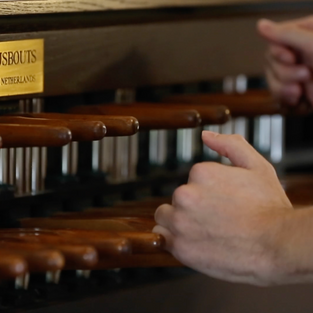 A detail of the playing console. "Royal Eijsbouts" is the Dutch bellfoundry that made this instrument.