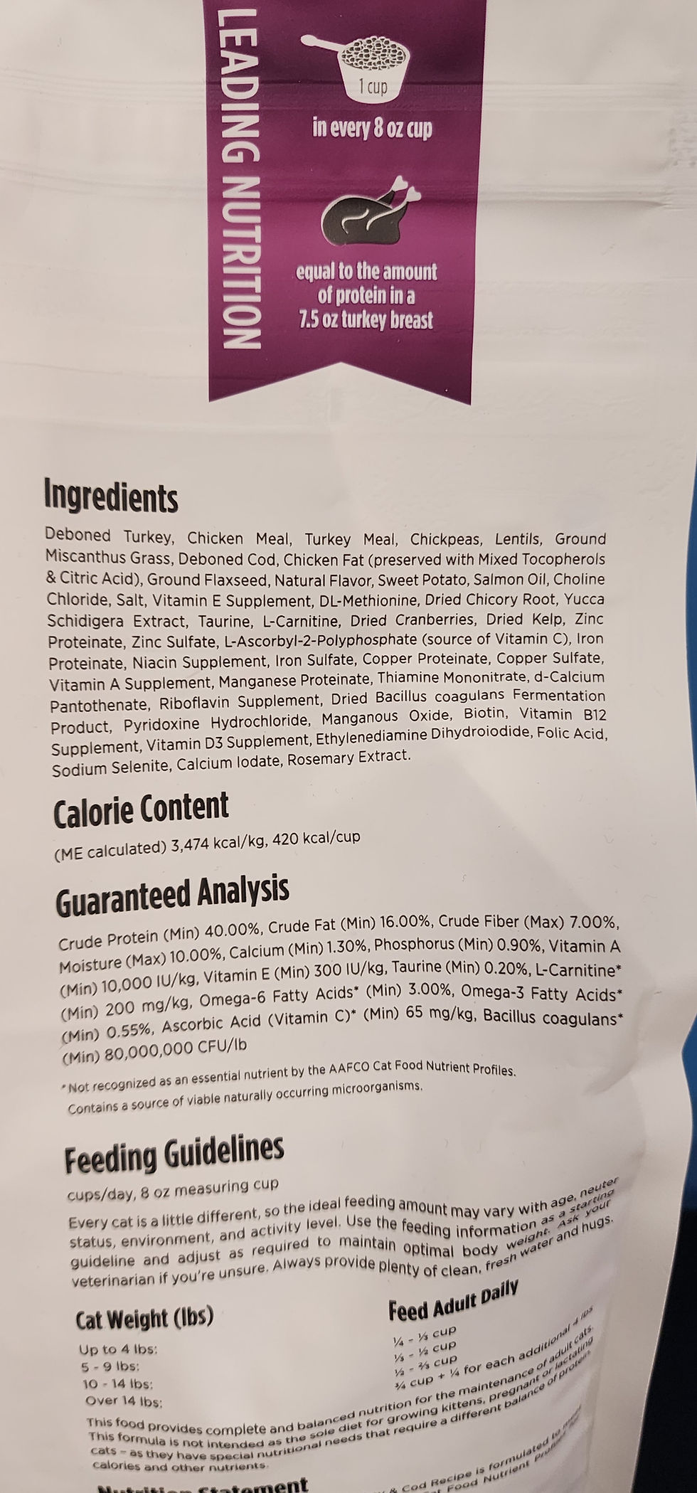 Nulo Freestyle Hairball Management Turkey and Cod Dry Cat Food Bag | Back Side Zoomed In