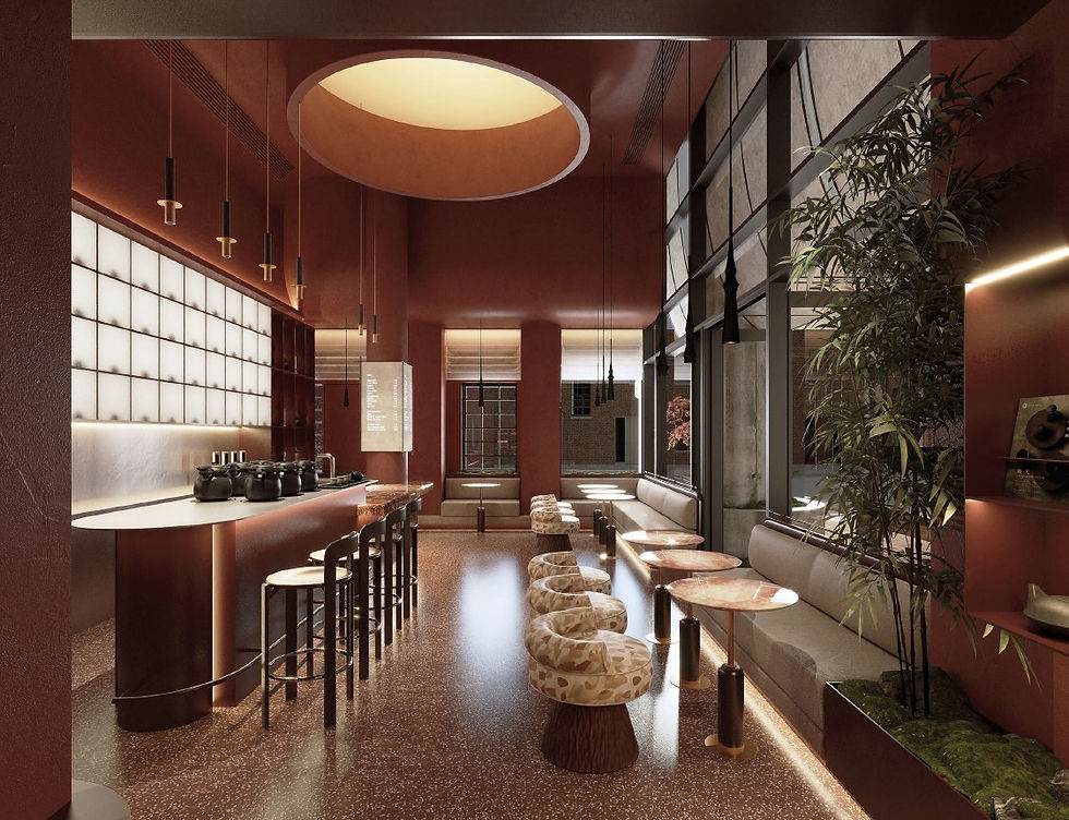 Red plaster, terrazzo, and marble