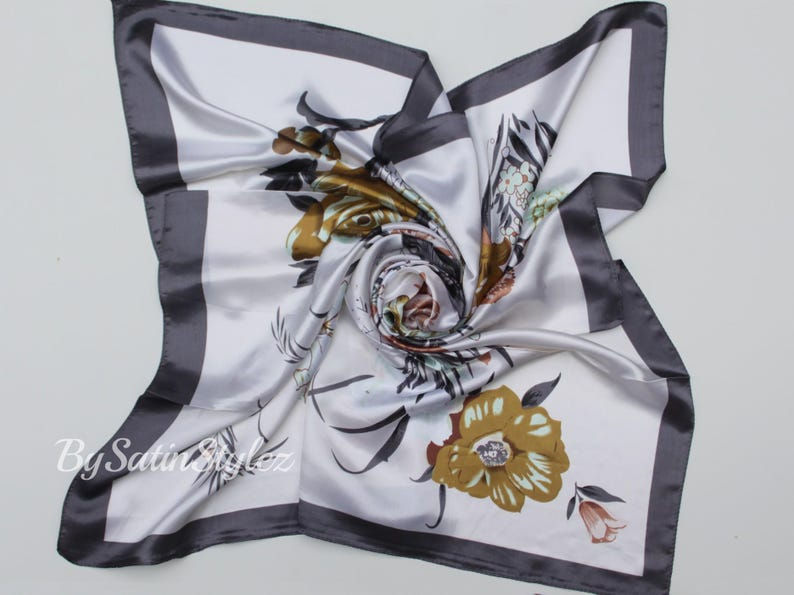 NEW Large Blue Satin Floral Scarf