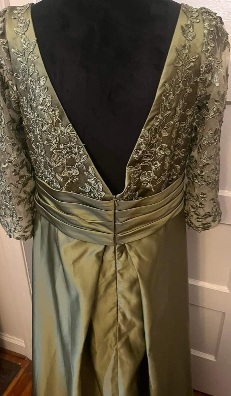Thumbnail: Satin Olive Evening Dress (Sz 16/18)