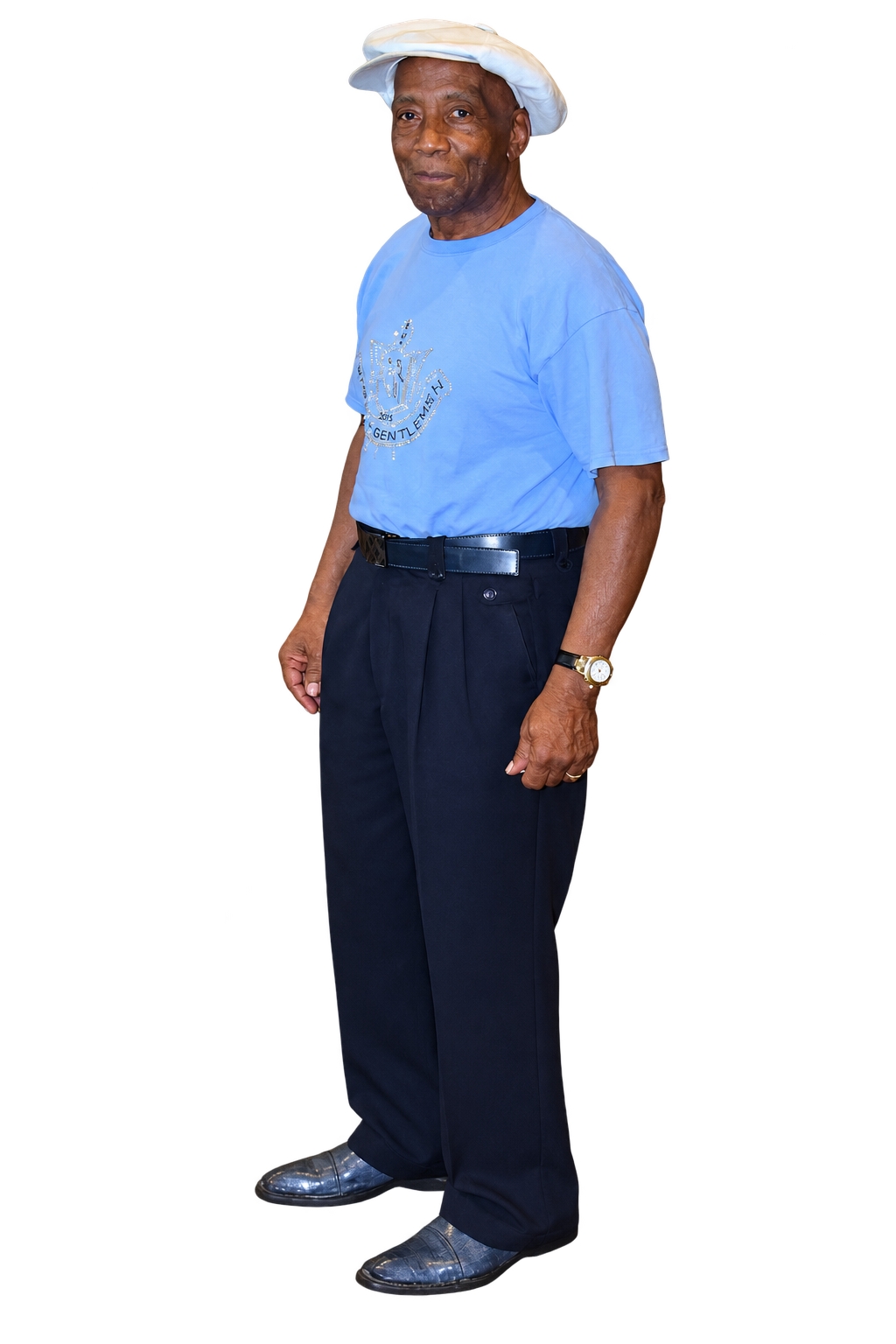 Walter Jenkins wearing his white hat and a blue shirt
