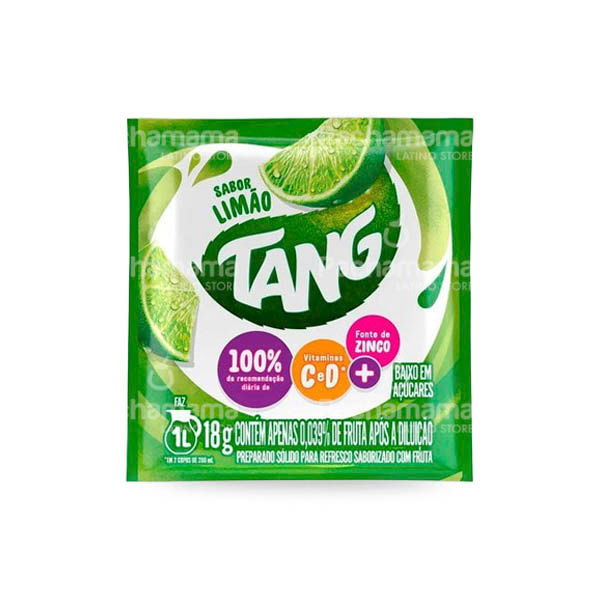 Packet of Tang Lemon powdered drink mix from Brazil, 25g, featuring bright yellow packaging with lemon slice graphics.