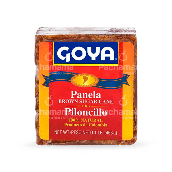 Colombian panela brown cane sugar block, 453g, on a white background.
