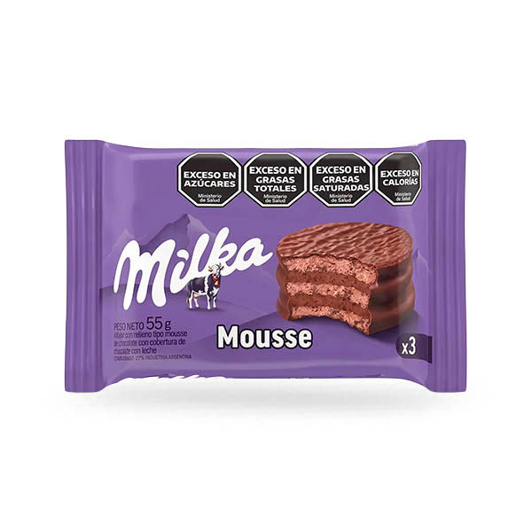 Milka Mousse Alfajor 55g with triple layers of biscuit, chocolate mousse-style filling and milk chocolate