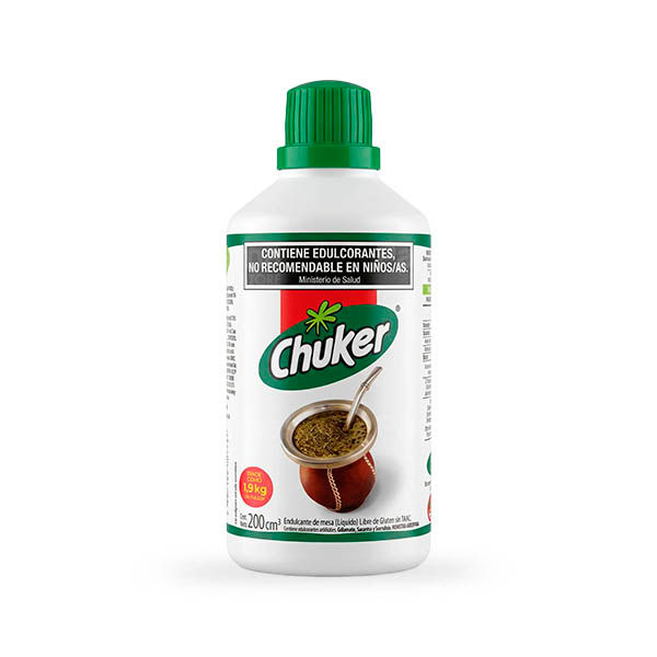 Chuker Liquid Tabletop Sweetener 200ml plastic bottle from Argentina on a white background