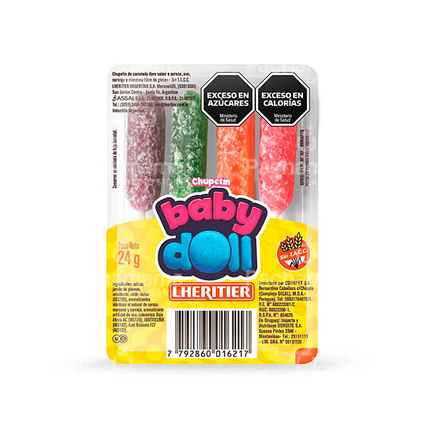 Baby Doll assorted fruit-flavoured hard lollipops, pack, on a white background.