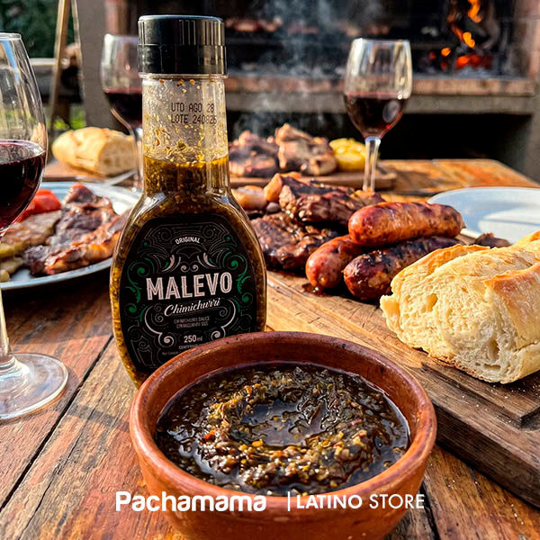 Malevo Original Chimichurri served with grilled Argentine-style meat.