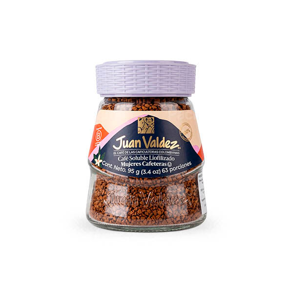 Juan Valdez Mujeres Cafeteras instant coffee in a 95g glass jar on a white background.