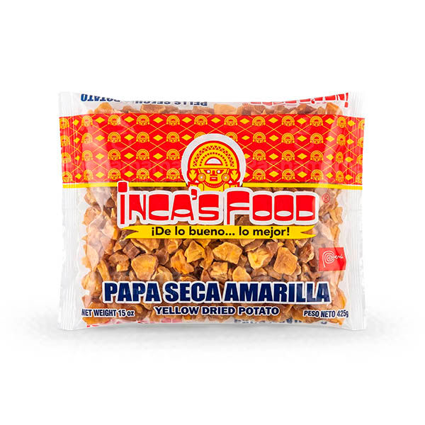 Incas Food Papa Seca Amarilla dried yellow potato, 425g bag, on a white background.